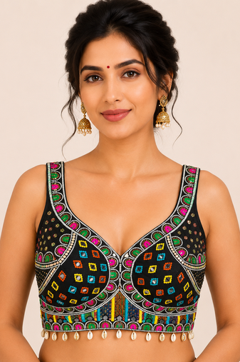Black real mirror work heavy italian fabric navratri readymade blouse with multi thread embroidery