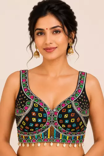Black real mirror work heavy italian fabric navratri readymade blouse with multi thread embroidery