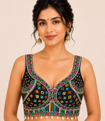 Black real mirror work heavy italian fabric navratri readymade blouse with multi thread embroidery