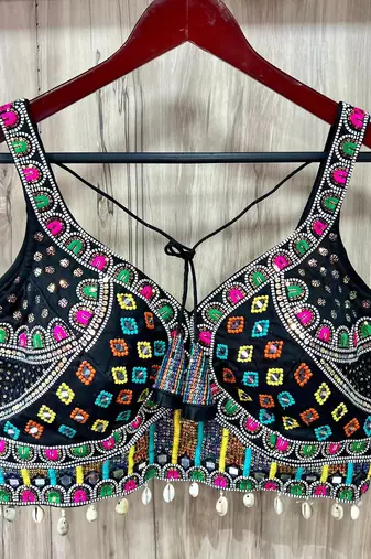 Black real mirror work heavy italian fabric navratri readymade blouse with multi thread embroidery