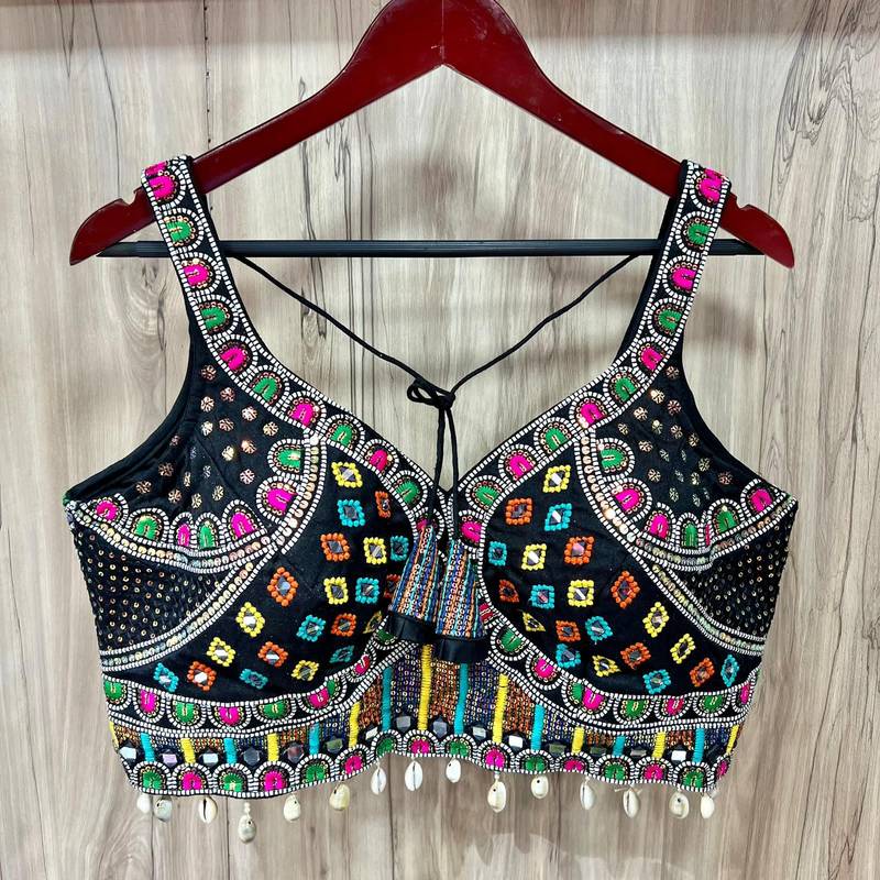Black real mirror work heavy italian fabric navratri readymade blouse with multi thread embroidery