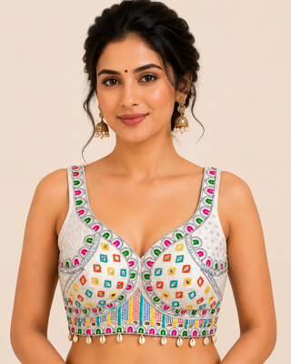 White real mirror work heavy italian fabric navratri readymade blouse with multi thread embroidery 1
