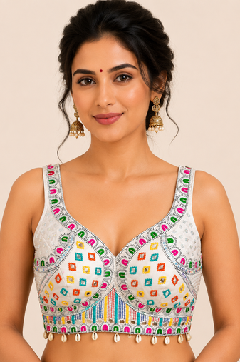 White real mirror work heavy italian fabric navratri readymade blouse with multi thread embroidery