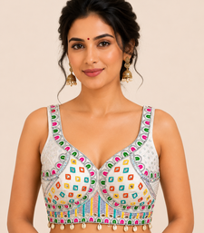 White real mirror work heavy italian fabric navratri readymade blouse with multi thread embroidery