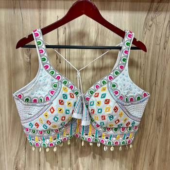 White real mirror work heavy italian fabric navratri readymade blouse with multi thread embroidery 2