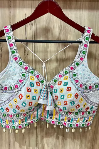 White real mirror work heavy italian fabric navratri readymade blouse with multi thread embroidery