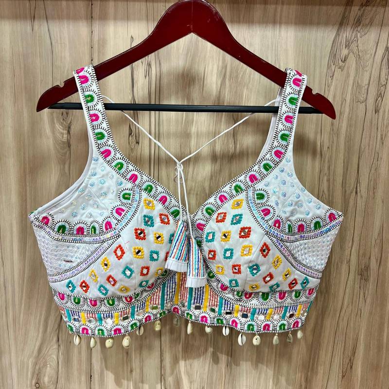 White real mirror work heavy italian fabric navratri readymade blouse with multi thread embroidery