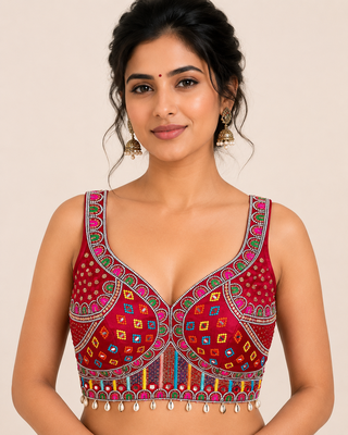 Marron real mirror work heavy italian fabric navratri readymade blouse with multi thread embroidery 1