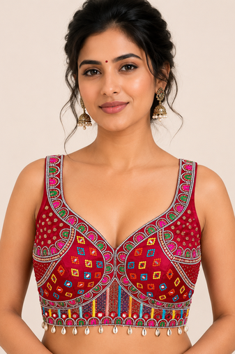 Marron real mirror work heavy italian fabric navratri readymade blouse with multi thread embroidery