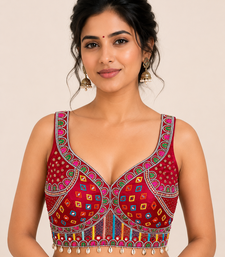 Marron real mirror work heavy italian fabric navratri readymade blouse with multi thread embroidery