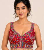 Marron real mirror work heavy italian fabric navratri readymade blouse with multi thread embroidery