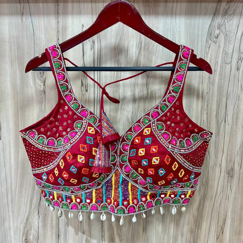 Marron real mirror work heavy italian fabric navratri readymade blouse with multi thread embroidery
