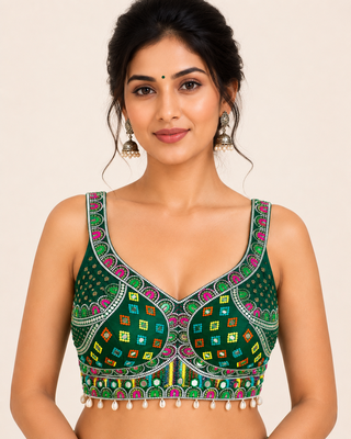 Green real mirror work heavy italian fabric navratri readymade blouse with kutchi embroidery 1