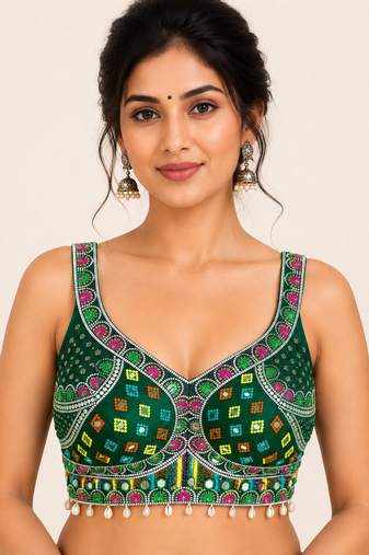 Green real mirror work heavy italian fabric navratri readymade blouse with kutchi embroidery