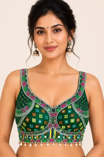 Green real mirror work heavy italian fabric navratri readymade blouse with kutchi embroidery