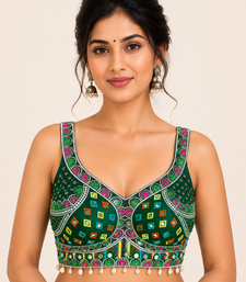 Green real mirror work heavy italian fabric navratri readymade blouse with kutchi embroidery