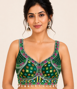 Green real mirror work heavy italian fabric navratri readymade blouse with kutchi embroidery