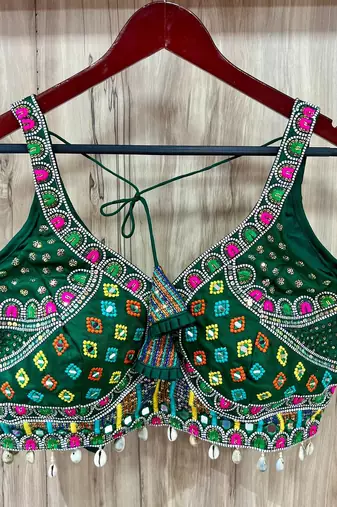 Green real mirror work heavy italian fabric navratri readymade blouse with kutchi embroidery