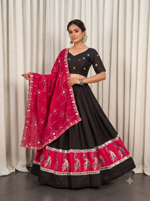 Traditional Black Lehenga Choli with Peacock Motif Border and Mirror Work 1