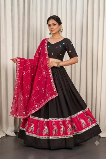 Traditional Black Lehenga Choli with Peacock Motif Border and Mirror Work