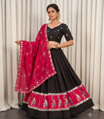 Traditional Black Lehenga Choli with Peacock Motif Border and Mirror Work