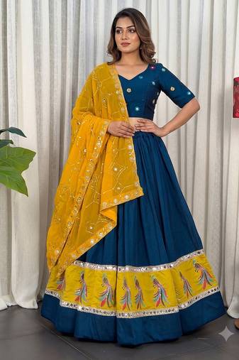 Midnight Navy Blue Cotton silk blend Lehenga Choli with Contrast Yellow Dupatta and Peacock Embroidery Border