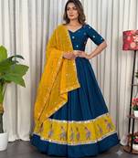 Midnight Navy Blue Cotton silk blend Lehenga Choli with Contrast Yellow Dupatta and Peacock Embroidery Border