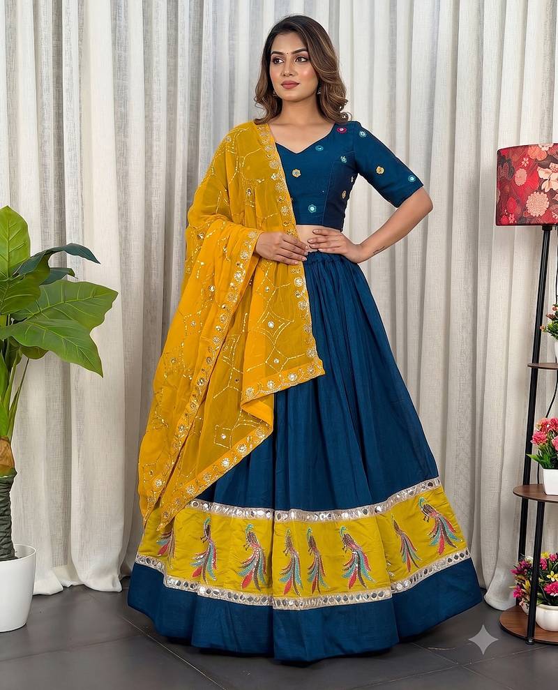 Midnight Navy Blue Cotton silk blend Lehenga Choli with Contrast Yellow Dupatta and Peacock Embroidery Border