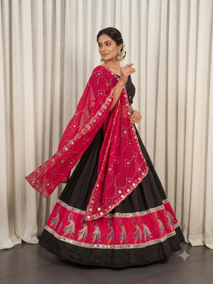 Traditional Black Lehenga Choli with Peacock Motif Border and Mirror Work 2