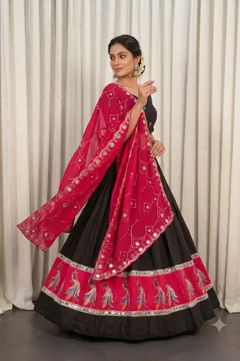 Traditional Black Lehenga Choli with Peacock Motif Border and Mirror Work