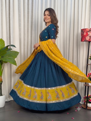 Midnight Navy Blue Cotton silk blend Lehenga Choli with Contrast Yellow Dupatta and Peacock Embroidery Border 2