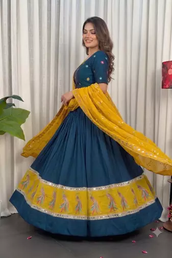 Midnight Navy Blue Cotton silk blend Lehenga Choli with Contrast Yellow Dupatta and Peacock Embroidery Border