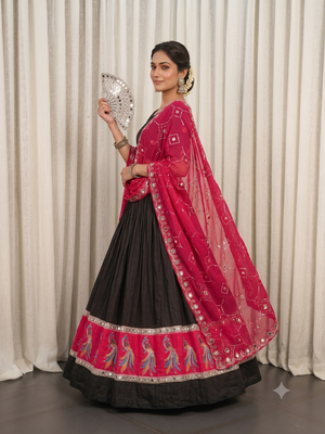 Traditional Black Lehenga Choli with Peacock Motif Border and Mirror Work 3