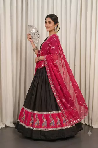 Traditional Black Lehenga Choli with Peacock Motif Border and Mirror Work