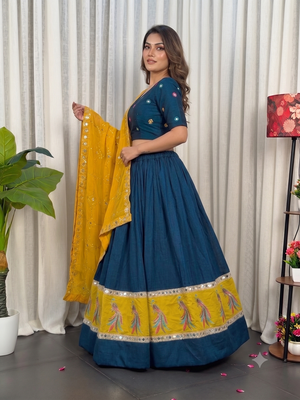 Midnight Navy Blue Cotton silk blend Lehenga Choli with Contrast Yellow Dupatta and Peacock Embroidery Border 3