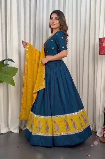 Midnight Navy Blue Cotton silk blend Lehenga Choli with Contrast Yellow Dupatta and Peacock Embroidery Border