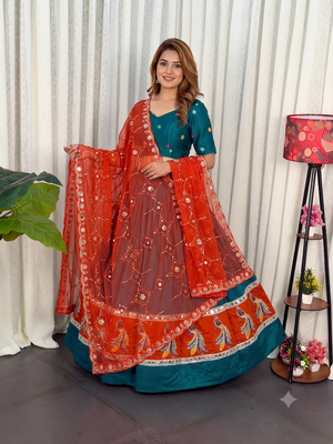 Morpich Lehenga Choli with Peacock Motif Border and Mirror Work 1