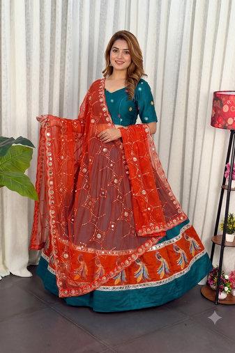 Morpich Lehenga Choli with Peacock Motif Border and Mirror Work