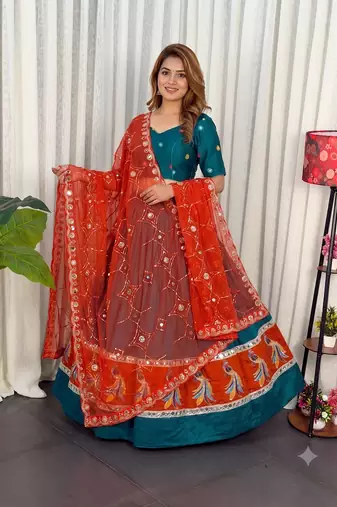 Morpich Lehenga Choli with Peacock Motif Border and Mirror Work