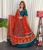 Morpich Lehenga Choli with Peacock Motif Border and Mirror Work