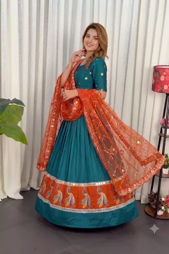 Morpich Lehenga Choli with Peacock Motif Border and Mirror Work