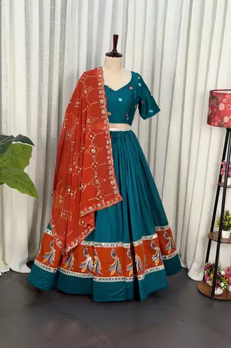 Morpich Lehenga Choli with Peacock Motif Border and Mirror Work