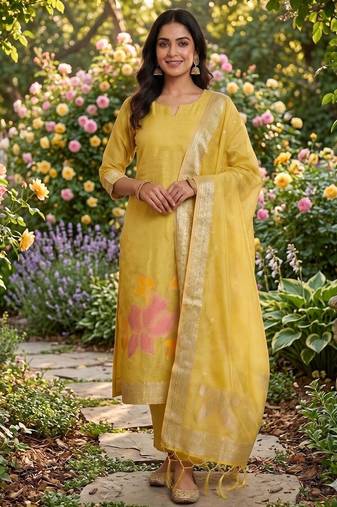 Lemon shimmer zari weaving Readymade Suits with jacquard dupatta