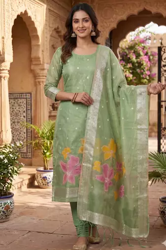 Green shimmer zari weaving Readymade Suits  with jacquard dupatta