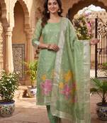 Green shimmer zari weaving Readymade Suits  with jacquard dupatta