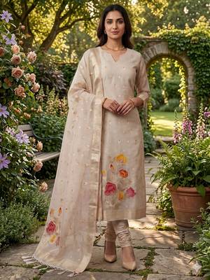 Cream shimmer  zari weaving Readymade Suits with jacquard dupatta 1