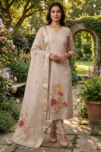 Cream shimmer  zari weaving Readymade Suits with jacquard dupatta