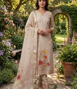 Cream shimmer  zari weaving Readymade Suits with jacquard dupatta