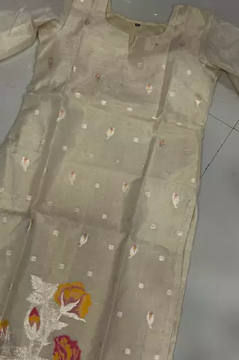 Cream shimmer  zari weaving Readymade Suits with jacquard dupatta