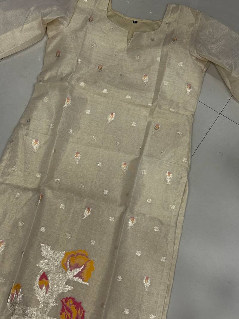 Cream shimmer  zari weaving Readymade Suits with jacquard dupatta